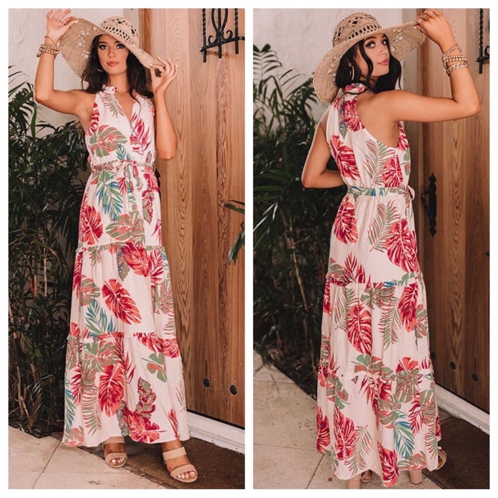 Gilli Stitch Fix Women’s Pink Floral Tropical Hawaii Maxi Dress Ruffle Tiered